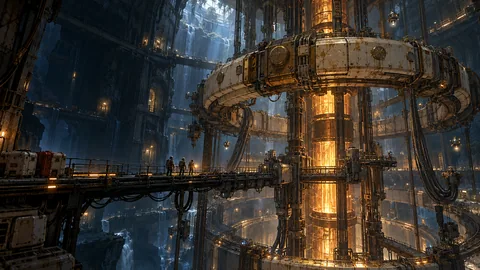 Expedition engineers cross a maintenance bridge beneath a vast amber-lit rescue relay in the Continuance Vault.