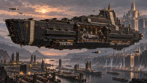 Final Claim's rectangular black hull, stepped armor terraces, and recessed impound bay loom above the basalt harbor beneath Claimant's Spire.