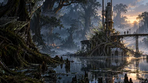 Mineral fins grow along dark living trees above a flooded clearing, surrounding an abandoned relay mast and a narrow survey walkway.