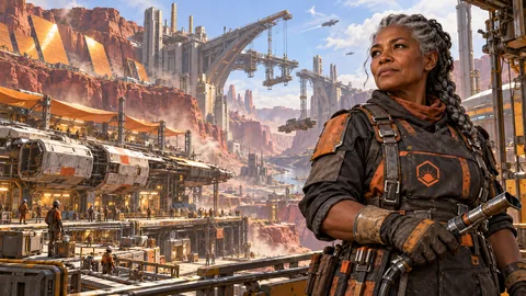Sera Calder, master fabricator of the Helios Union, above Cinderworks: solar mirrors above red basalt, shaded public workshops, modular cranes, open training bays, and finished homes among the industrial decks.