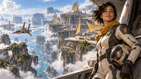 Tavi Rook, rescue flight marshal of the Kestrel Freeholds, above High Roost: mesa landing decks, open-span windbreaks, saffron sailcloth, compact homes inside stone, and enormous views across the connected frontier.