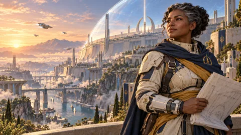 Iona Vale, charter engineer of the Meridian Compact, above Dawnwall: warm stone terraces, inhabited buttresses, gardens inside public courtyards, and a visible sanctuary boundary. the city should feel lived in before it looks fortified.