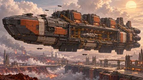 Second Sun's heavy industrial keel, enclosed furnaces, and open fabrication gantry hover above the Great Slip at Cinderworks.