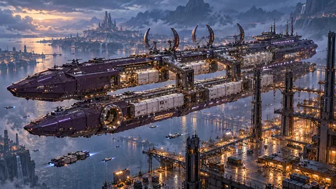 Thousand Lanterns' paired hulls and open docking bridges hang beside Lantern Quay, with lilac route lights and a single empty forward collar.