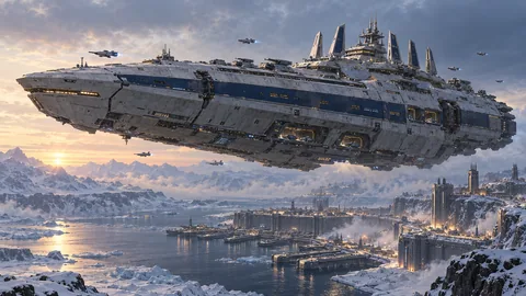 Vigilant Crown's frost-silver armored hull and compact crown-like command tower dominate Stillwatch's polar harbor above disciplined escort craft.