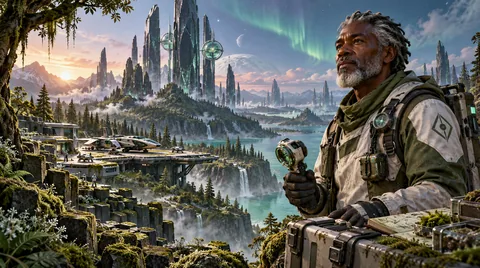 Mosslight Basin: low research decks among mossy basalt and conifer-like forests, instrument lenses, dark glass spires, and warm places for field crews to compare notes.
