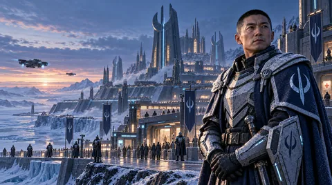 Stillwatch: a polar fortress-city of frost-silver chapter halls, tall defensive spires, warm public shelters, and orderly checkpoint lanes. patrol banners and inspection sensors share the streets with rescue crews. its safety is tangible; so is the feeling of being watched.